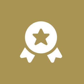 Star medal icon on gold background.