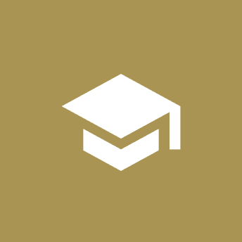 Graduation cap icon on brown background.