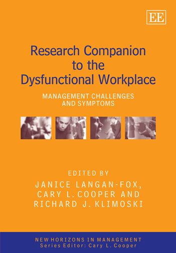 Book cover titled 'Research Companion to the Dysfunctional Workplace' with editor names and four small images of people.